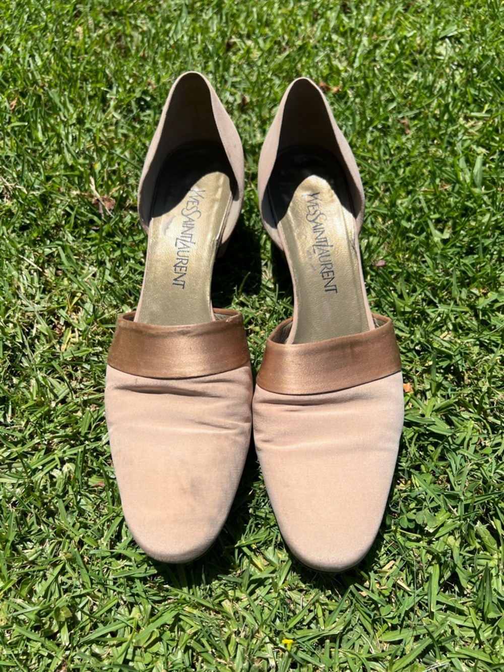 Yves Saint Laurent Blush Satin D'Orsay Mules with Bronze Band